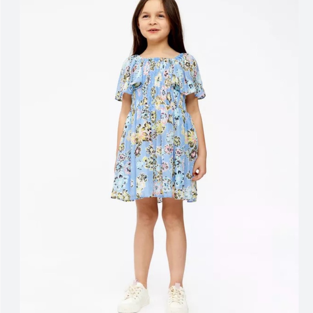 Tanya Taylor Girls Mini Glenda Blue Floral Print Smocked Flutter Sleeve Dress XS